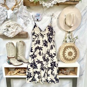 Floral V-Neck Spaghetti Strap Summer Dress - Cream & Black